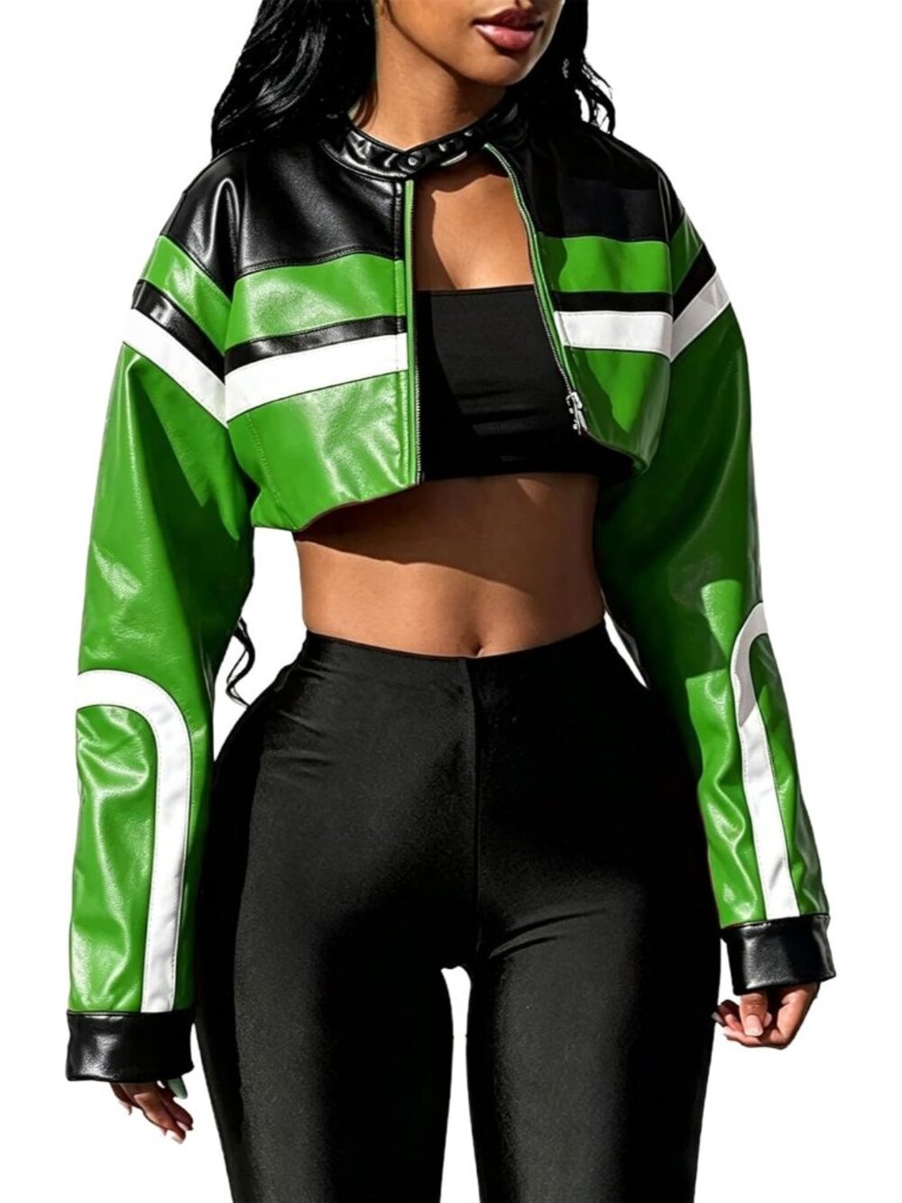 Women's W Green Faux Leather Long Sleeve Cropped Streetwear Bomber Jackets